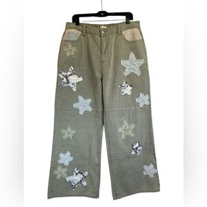 POL Olive Green Wide-Leg Pants with Beautiful Embroidery and Patchwork